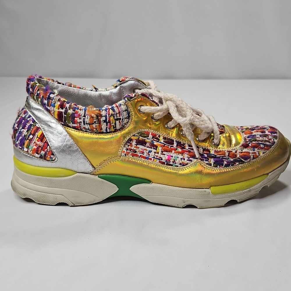 CHANEL Tweed Rainbow Metallic Gold & Silver Trim Lace Up Sneakers Size 38.5